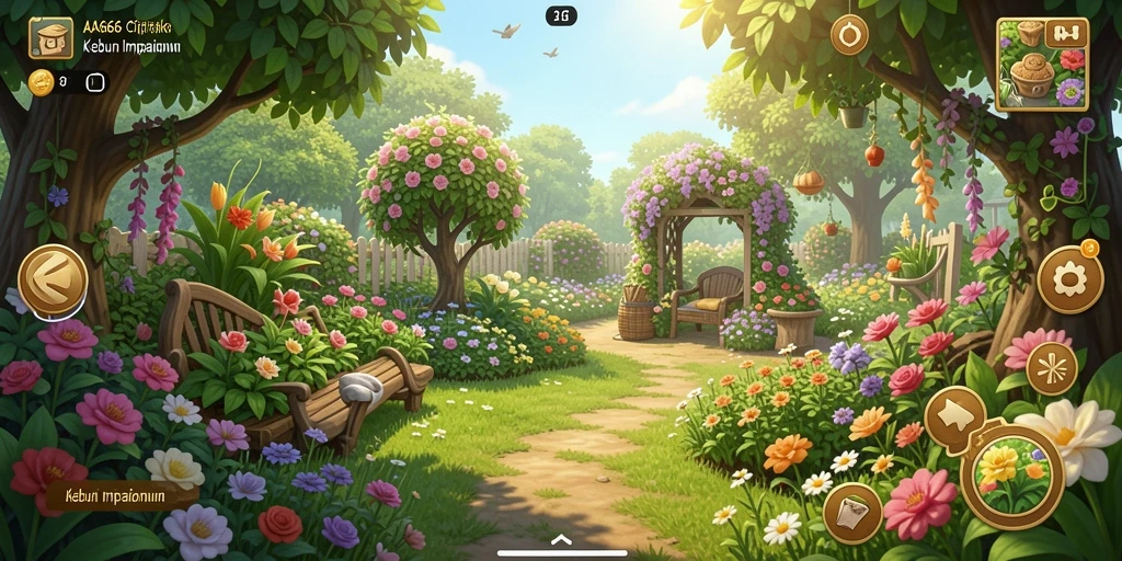 Screenshot game AA666 menampilkan kebun yang subur dan hewan peliharaan yang bahagia.