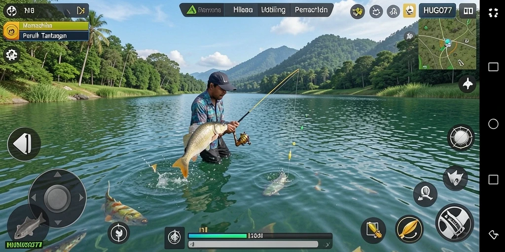 Screenshot gameplay HUGO77 yang menampilkan pengalaman memancing yang seru.