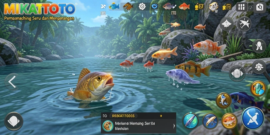 Tampilan gameplay <strong>MIKATOTO</strong> yang mendebarkan saat memancing di danau yang tenang.