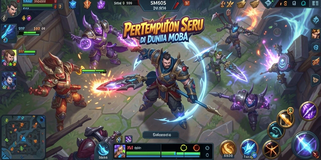 Screenshot utama menunjukkan aksi gameplay seru di dunia MOBA.